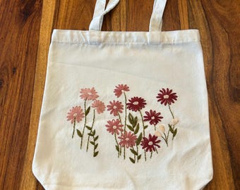 Colorful hand embroidered flower, tote bag purse.