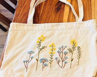 Colorful hand embroidered flower, tote bag purse.