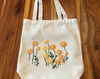 Colorful hand embroidered flower, tote bag purse.