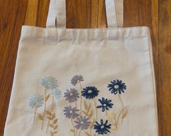 Colorful hand embroidered flower, tote bag purse.