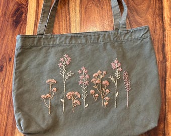 Colorful hand embroidered flower, tote bag purse.