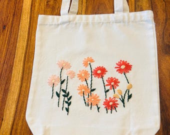 Colorful hand embroidered flower, tote bag purse.