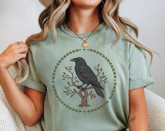 Crow T-Shirt: Vintage Botanical Raven Graphic Tee - Comfort Colors 1717 Shirt - Graphic Witchy Gardener Gift