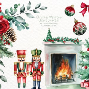 Clipart de Natal em aquarela - Clipart floral de Natal - Árvore de Natal, Meia, Quebra-nozes, Boneco de gengibre, Lareira, Laço, Presente - 49 PNG