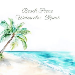 Watercolor Beach Scene Clipart, Tropical Clipart, Beach Clipart, Tree Clipart, Watercolor Tropical, Island PNG, Commercial Use