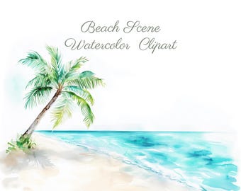 Watercolor Beach Clipart: Tropical Island Scene PNG (Commercial Use, Digital Download)