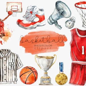 Clipart basket-ball aquarelle, PNG de basket-ball, Illustration de basket-ball, graphismes de basket-ball, Clipart sport aquarelle, ballon, usage Commercial