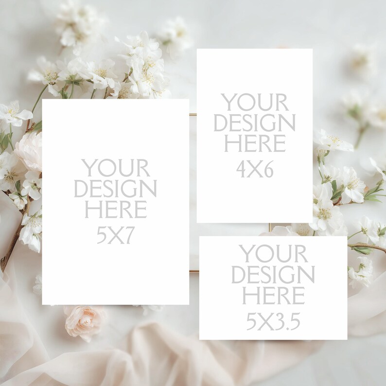 May include: Three white rectangular cards with the text "YOUR DESIGN HERE" in gray, sized 5x7, 4x6, and 5x3.5 inches. The cards are arranged on a light beige fabric, surrounded by white flowers and greenery.