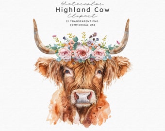 21 Highland Cow Clipart - Floral Highland Cow PNG - Watercolor Highland Cow Clipart - Watercolor Cow Clipart - Floral Highland Cow Graphics