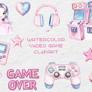 Könnte beinhalten: Aquarell-Videospiel-Clipart mit einem Mädchen mit Kopfhörern, einem Herz, Kopfhörern, Spielautomaten, einer Handheld-Konsole, Sternen, einer Trophäe, den Worten "GAME OVER", einem Gamecontroller und einem Herz. Die Farbpalette ist hauptsächlich rosa und blau.