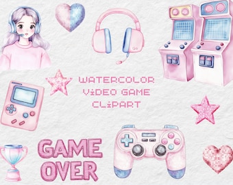 May include: Watercolor video game clipart featuring a girl with headphones, a heart, headphones, arcade machines, a handheld game console, stars, a trophy, the words "GAME OVER", a game controller, and a heart. The color palette is primarily pink and blue.