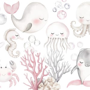 かわいい海の動物のクリップアート - 海の中の水彩画のクリップアート - かわいい海の生き物 - 保育園の装飾 - ニュートラルピンクの海の動物のクリップアート PNG