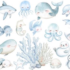 Clipart di simpatici animali dell'oceano - Clipart di acquerelli sotto il mare - Clipart di animali marini - Creature marine carine - Decorazioni per la cameretta dei bambini - Animali marini PNG