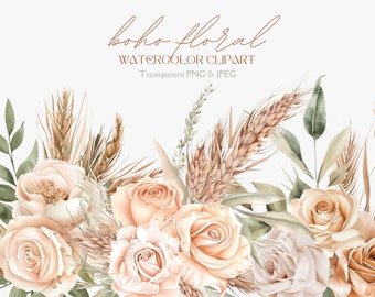 Op de afbeelding: Waterverf clipart met een boeket van roze rozen en gedroogd pampasgras. De bloemen zijn in een losse, natuurlijke stijl gerangschikt, met het pampasgras dat een vleugje boho-chic toevoegt.