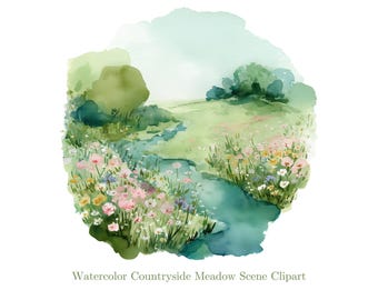 11 Watercolor Coutryside Scene Clipart, Spring Meadow Clipart, Watercolor Countryside Landscape Clipart, Floral Countryside, Commercial Use