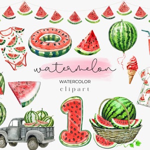 Aquarell Wassermelone Clipart - Wassermelone PNG - Gingham | Wassermelone Seamless Pattern - Obst Clipart - Wassermelone Einladung Clipart
