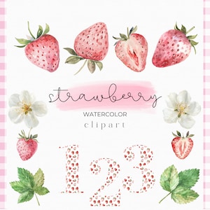 Aquarell Erdbeere Clipart - Erdbeere PNG - Gingham | Erdbeeren Seamless Muster - Obst Clipart - Erdbeeren Einladung Clipart
