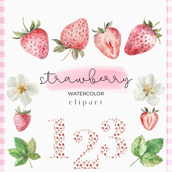 Watercolor Strawberry Clipart - Strawberry PNG -  Gingham | Strawberry Seamless Pattern - Fruit Clipart - Strawberry Invitation Clipart