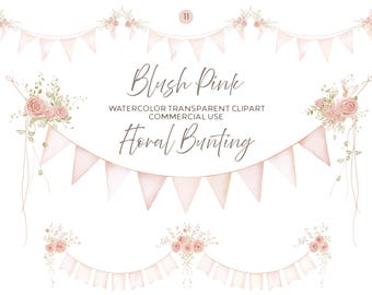Watercolor Bunting Clipart: Blush Pink Floral Banner (PNG Digital Download)