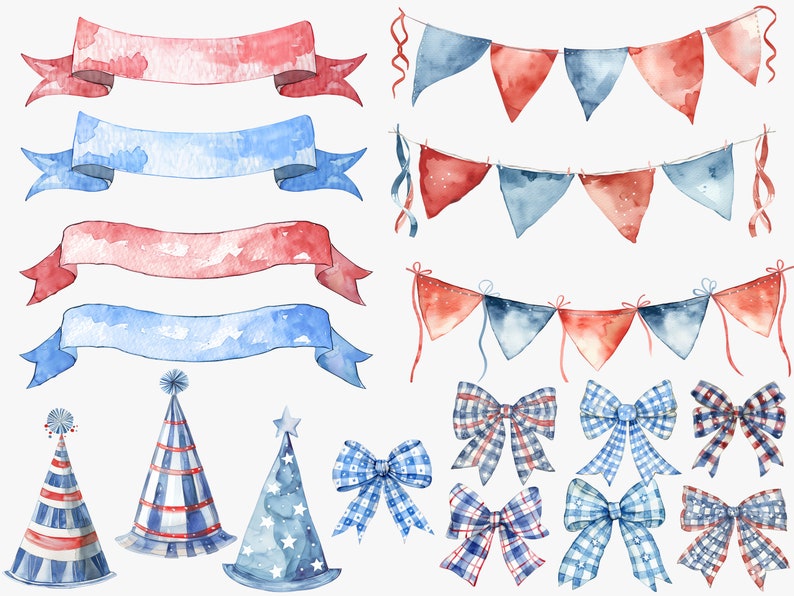 May include: Watercolor illustrations of red, white, and blue party decorations, including banners, bows, and party hats. The decorations are perfect for a patriotic celebration.