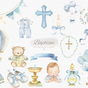 51 Clipart de bautismo de niño en acuarela PNG, Clipart de bautizo azul pastel, Vela de iglesia con cruz de rosario bíblico, PNG transparente, Uso comercial
