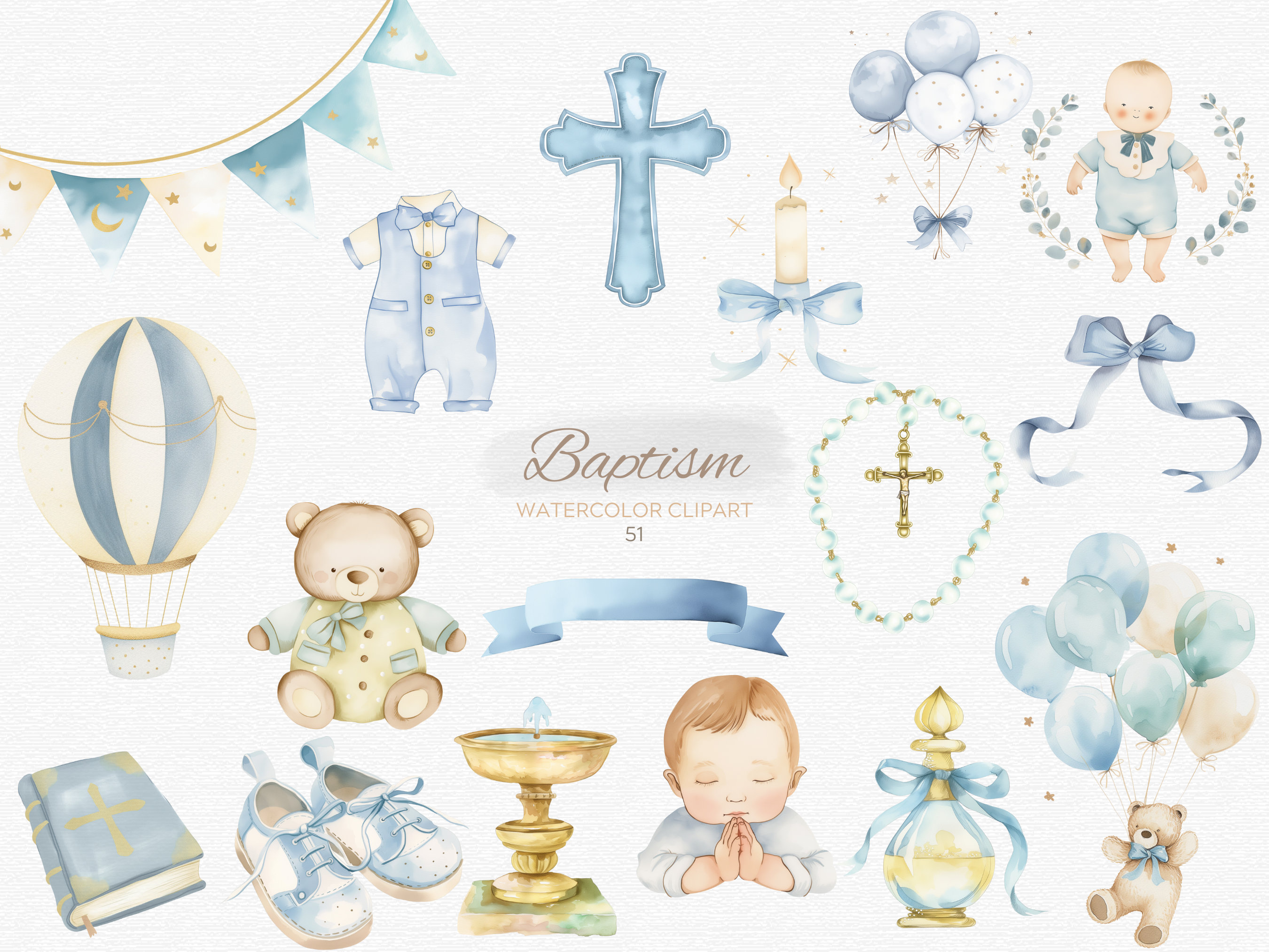 51 Watercolor Boy Baptism Clipart PNG, Pastel Blue Christening Clipart, Bible Rosary Cross Church Candle, Transparent PNG, Commercial Use