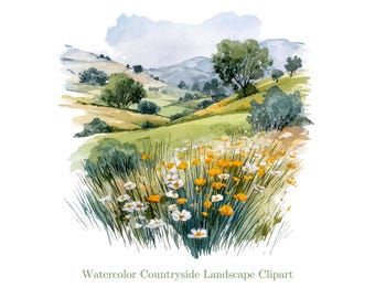 Watercolor Coutryside Scene Clipart, Nature Scene Clipart PNG, Watercolor Countryside Landscape Clipart, Floral Countryside, Commercial Use