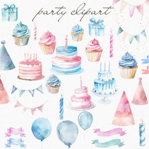 Clipart de festa em aquarela rosa e azul, clipart de convite de aniversário, clipart de balão, clipart de aquarela para festa de aniversário, clipart de bandeirinhas,