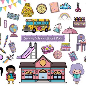 Groovy Back To School Clipart, Retro School Clipart Set, Student Clipart, Back To School PNG, Watercolor School Supplies, Preschool Clipart