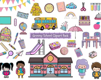Retro School Clipart Set: Groovy Watercolor PNG Graphics (Digital Download, Commercial Use)