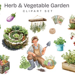 May include: Watercolor illustration of a "Herb & Vegetable Garden" clipart set. The image features various vegetables, herbs, and gardening tools, including a spiral garden, a farmer, and a wooden crate filled with produce.