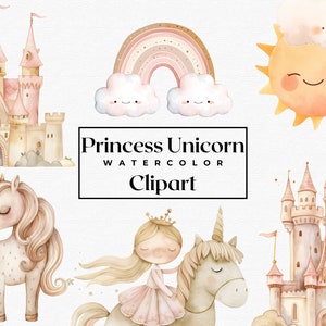 Watercolor Unicorn Clipart, Princess Unicorn Clipart, Castle Clipart, Rainbow Clipart, Nursery Decor Unicorn, Rainbow Unicorn Clipart PNG