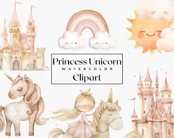 Imágenes prediseñadas de unicornio de acuarela, imágenes prediseñadas de unicornio princesa, imágenes prediseñadas de castillo, imágenes prediseñadas de arco iris, unicornio de decoración de guardería, imágenes prediseñadas de unicornio arco iris PNG