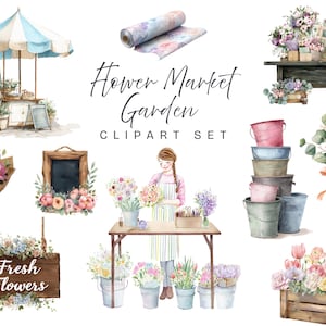 Bloemenmarkt clipartbundel | Pastel aquarel bloemen kar en boeket | PNG-afbeeldingen lentetuin | Verpakte bloemen, kratten, borden, lint