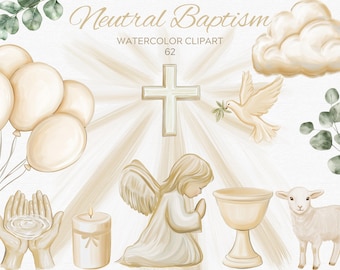 62 Watercolor Neutral Baptism Clipart PNG, Christening Clipart, Bible Rosary Cross Chalice Candle, Transparent PNG, Commercial Use