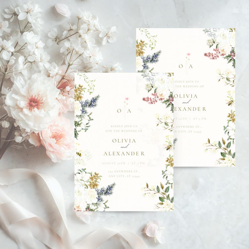 May include: Wedding invitation cards with floral border designs. The cards feature the names "Olivia and Alexander" in elegant script, with the initials "OA" at the top. The design includes white, pink, and blue flowers.