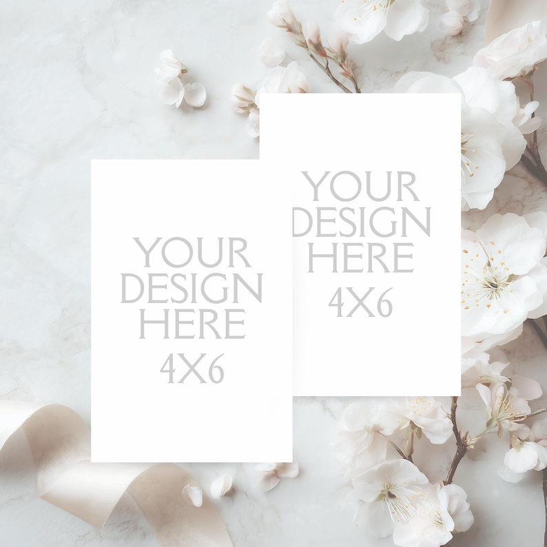 May include: Two white 4x6 inch cards with the text "YOUR DESIGN HERE" are displayed. The cards are surrounded by white flowers and a cream-colored ribbon on a marble background.