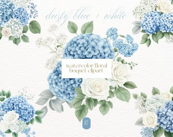 Clipart floral aquarelle, Clipart mariage, Clipart fleur aquarelle, Clipart floral mariage, Arrangements floraux bleu poussiéreux et blanc PNG