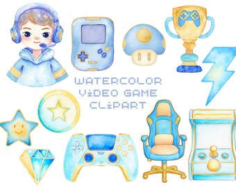 Puede incluir: Clipart de videojuegos en acuarela con un personaje de jugador, consola portátil, hongo, trofeo, rayo, estrella, diamante, mando, silla gaming y máquina recreativa. La paleta de colores incluye azul, amarillo y blanco.
