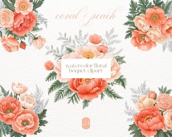 Può includere: Clipart di bouquet floreale ad acquerello in tonalità corallo e pesca. Il clipart presenta una varietà di fiori, tra cui peonie, rose e felci. Il testo "coral + peach watercolor floral bouquet clipart" è scritto in corsivo nella parte superiore dell'immagine.