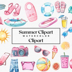 Clipart de verano PNG - Lindo paquete de imágenes prediseñadas de fiesta en la piscina - Imágenes prediseñadas de playa de acuarela - Uso comercial - Imágenes prediseñadas de vacaciones