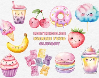 Op de afbeelding: Waterverf clipart met schattige kawaii voedsel illustraties. De set bevat een aardbei, een donut, een banaan, een cupcake, een macaron, suikerspin, bubble tea, een gummy bear en een ijshoorn.