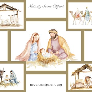 Akwarela Szopka Clipart - Szopka PNG - Boże Narodzenie Szopka Clipart - PNG z Tłem - Użytek Komercyjny - Święta Rodzina