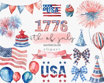 Watercolor 4th Of July Clipart, USA Independence Day Clipart, 1776 PNG, USA Clipart, Fourth of July, Independence Day Graphics, Patriotic