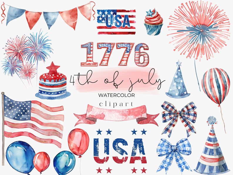 May include: Watercolor clipart set featuring red, white, and blue patriotic elements for the 4th of July. Includes fireworks, flags, bows, balloons, cupcakes, party hats, and the text "1776" and "USA".