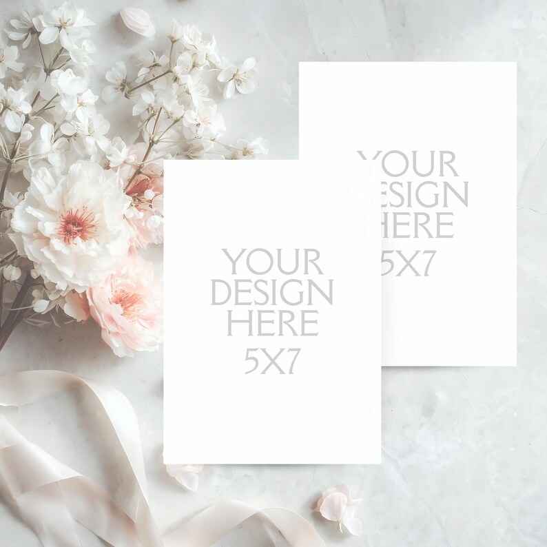 May include: Two white 5x7 inch cards with the text "YOUR DESIGN HERE" are displayed on a marble surface. Soft pink and white flowers and a cream ribbon are arranged around the cards, creating a delicate, floral theme.