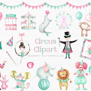 Clipart de circo en acuarela, clipart de carnaval en acuarela, clipart de parque de atracciones, clipart de feria, clipart de carrusel, clipart de animal de circo PNG