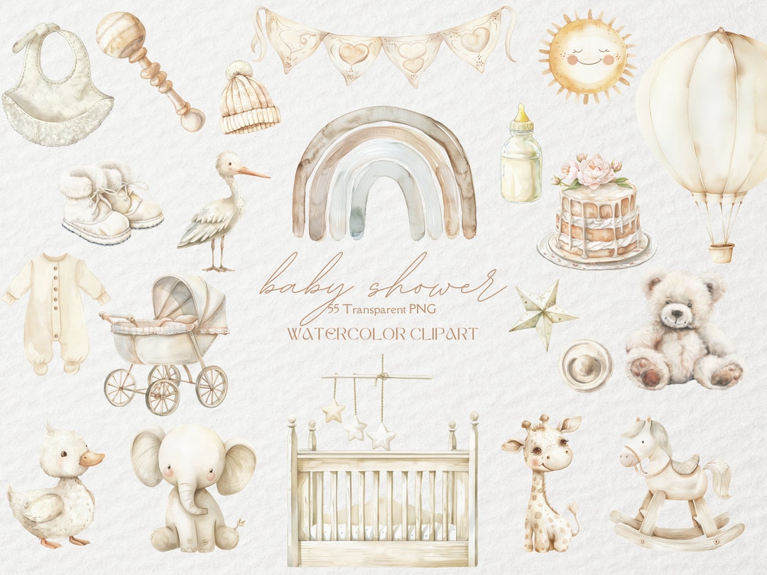 55 Neutral Watercolor Baby Shower Clipart, Baby Shower Clipart PNG ...