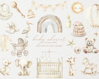 55 Neutral Watercolor Baby Shower Clipart, Baby Shower Clipart PNG, Gender Reveal Clipart, Baby Shower, Nursery Clipart, Boho Baby Shower