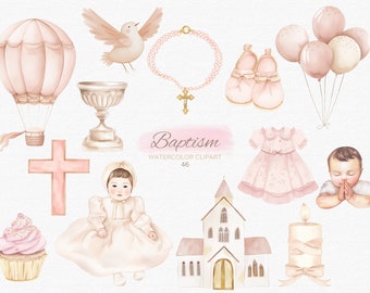 46 Watercolor Girl Baptism Clipart PNG, Pastel Pink Christening Clipart, Bible Rosary Cross Church Candle, Transparent PNG, Commercial Use